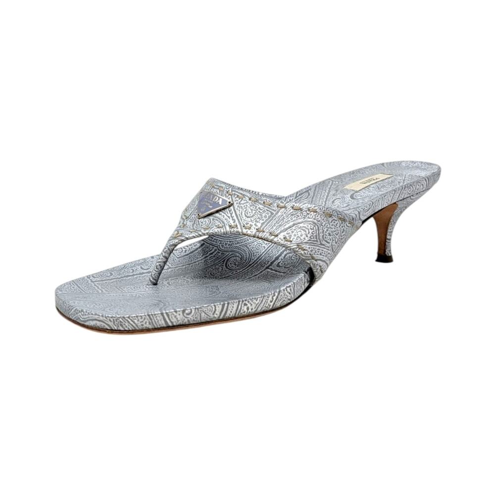 Vintage Prada Logo Kitten Heel Flip Flops Square Toe Sandal Mule Silver Blue 40